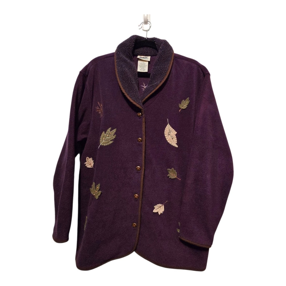 Vintage 90s‎ Y2K Fleece Jacket Cardigan Womens LG Purple Embroidery Leaves Fall